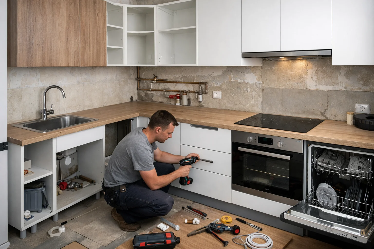 Новая кухня на старых квадратах: сборка гарнитура, столешница и подключение техники своими руками