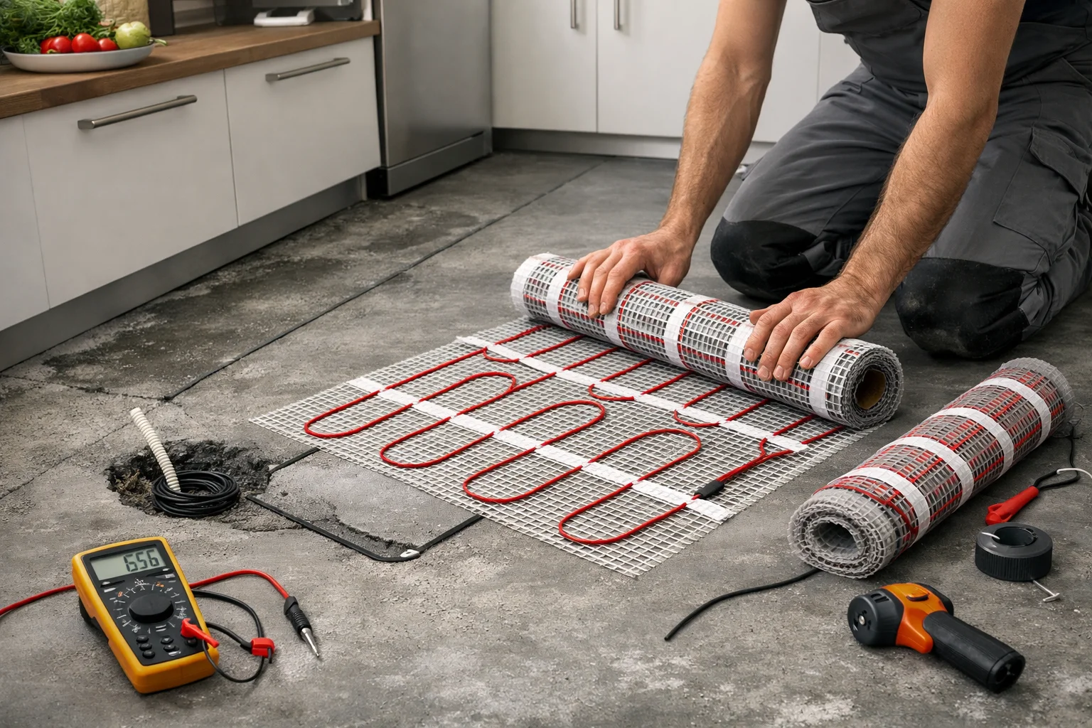 Электрический тёплый пол на кухне: пошаговый монтаж нагревательных матов
