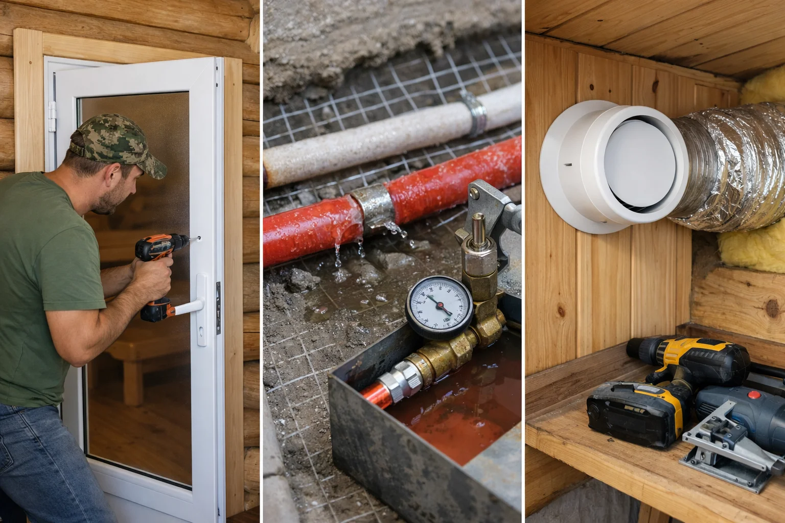Пластиковые двери в бане, пробитая труба тёплого пола и приточная вентиляция: три задачи за одни выходные